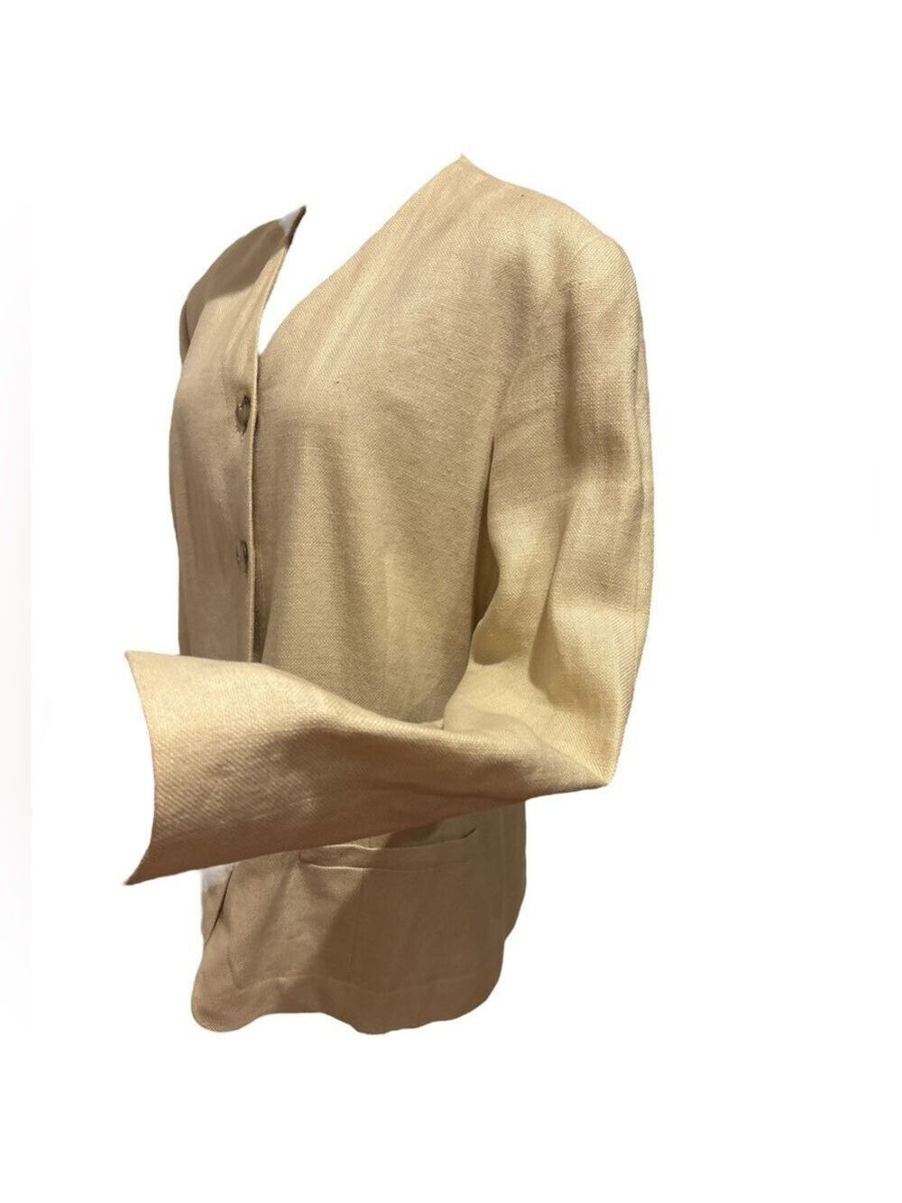 80s A+ELLEN NEUTRAL WOVEN LINEN COLLARLESS BLAZER EFFORTLESS QUIET LUXURY SZ 14 - Picture 4 of 6